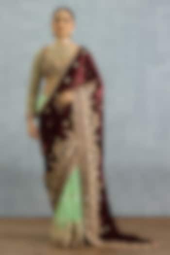 Maroon & Green Velvet Embroidered Bridal Saree by TORANI at Pernia's Pop Up Shop