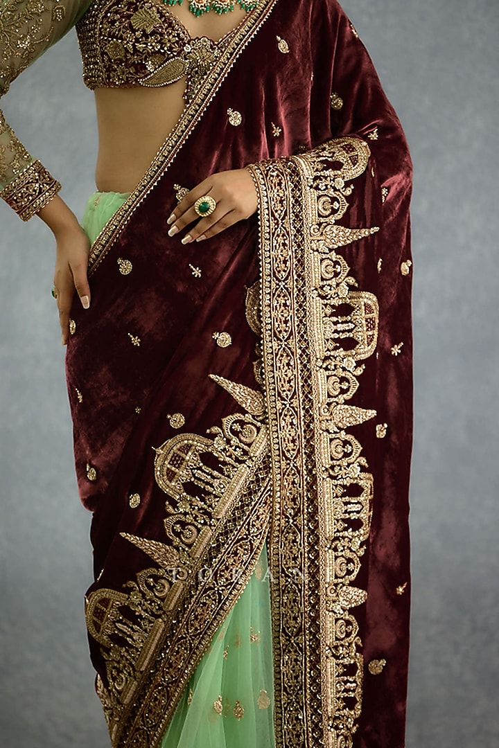 Maroon & Green Velvet Embroidered Bridal Saree by TORANI at Pernia's Pop Up Shop