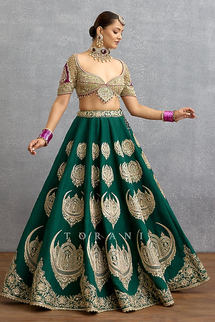 Green Velvet & Silk Motif Embroidered Bridal Lehenga Set by TORANI at Pernia's Pop Up Shop
