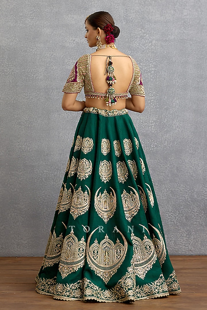 Green Velvet & Silk Motif Embroidered Bridal Lehenga Set by TORANI at Pernia's Pop Up Shop