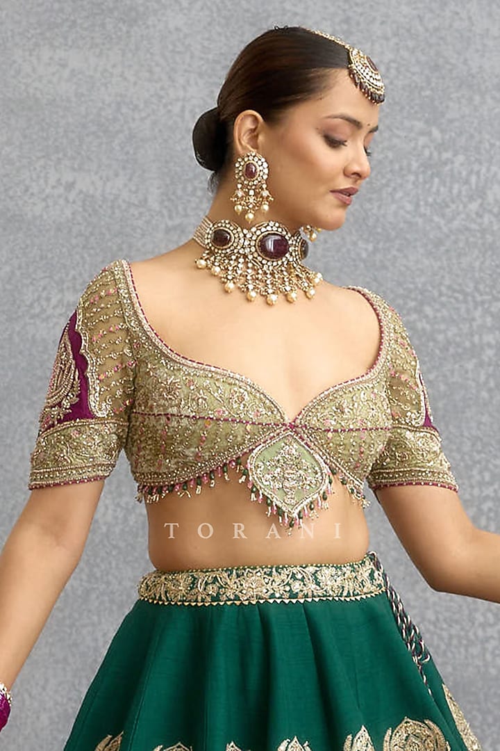 Green Velvet & Silk Motif Embroidered Bridal Lehenga Set by TORANI at Pernia's Pop Up Shop
