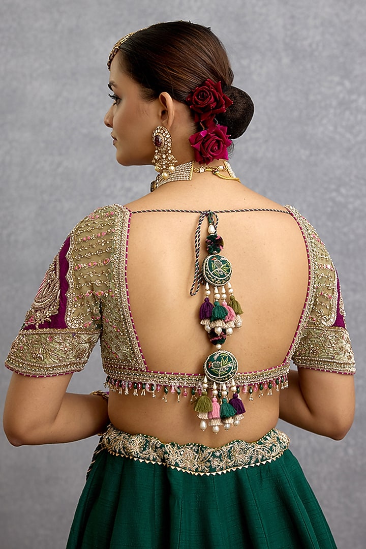 Green Velvet & Silk Motif Embroidered Bridal Lehenga Set by TORANI at Pernia's Pop Up Shop
