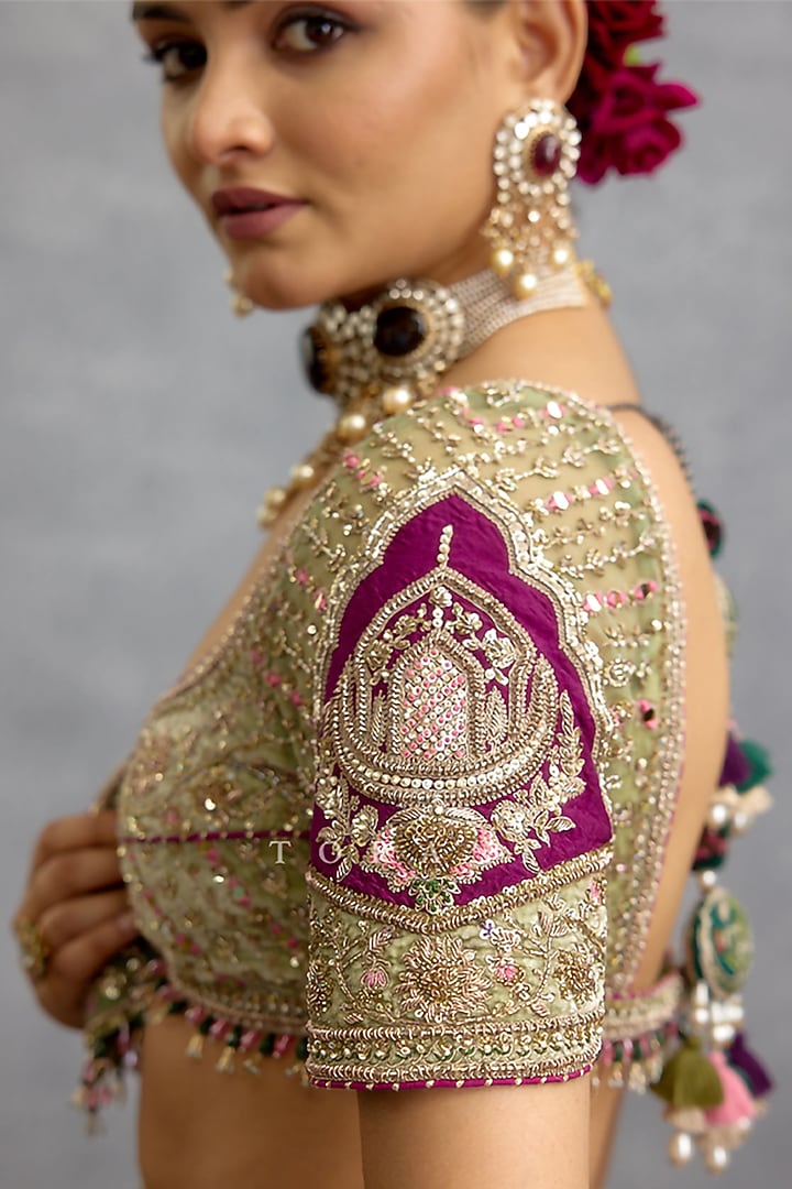 Green Velvet & Silk Motif Embroidered Bridal Lehenga Set by TORANI at Pernia's Pop Up Shop