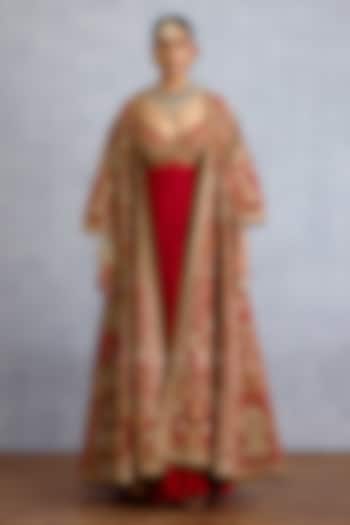 Red Silk & Jeni Silk Embroidered Jacket Party Wear Dress by TORANI at Pernia's Pop Up Shop