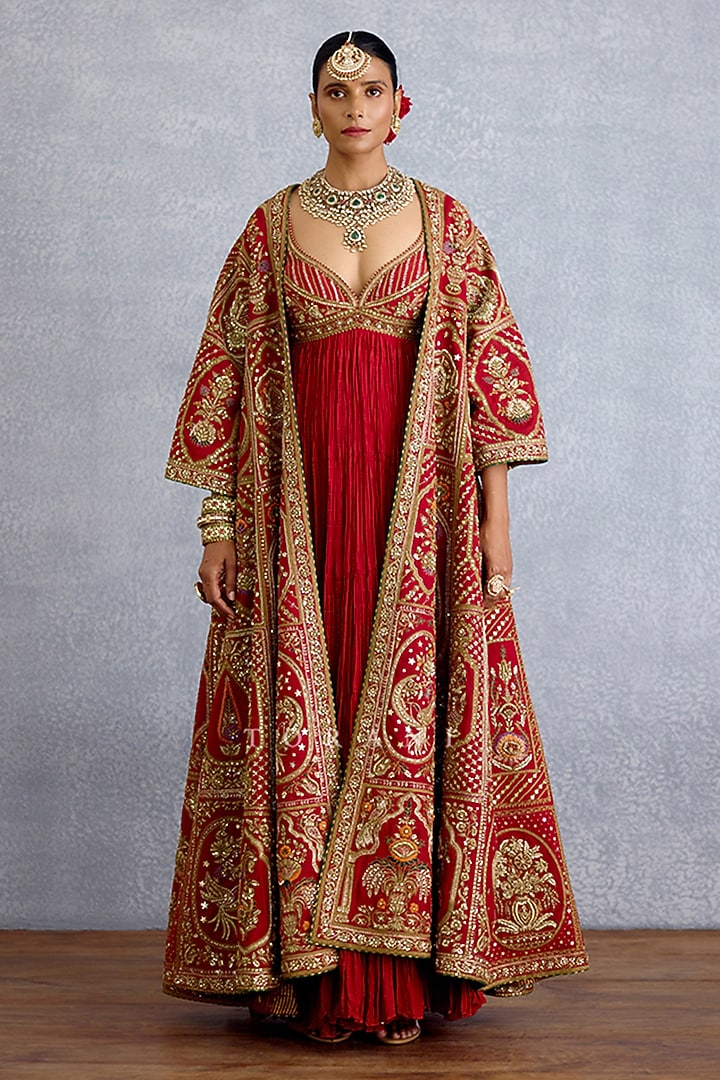 Red Silk & Jeni Silk Embroidered Jacket Party Wear Dress by TORANI at Pernia's Pop Up Shop