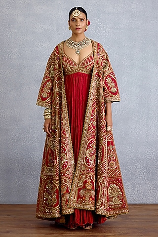 Red Silk & Jeni Silk Embroidered Jacket Dress by TORANI
