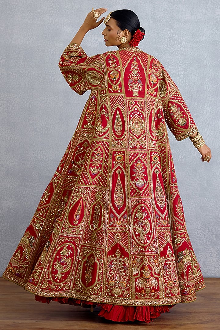 Red Silk & Jeni Silk Embroidered Jacket Party Wear Dress by TORANI at Pernia's Pop Up Shop