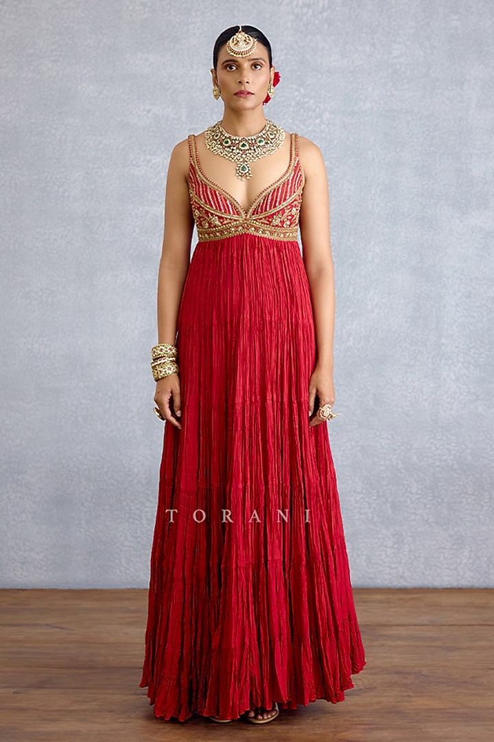 Red Silk & Jeni Silk Embroidered Jacket Party Wear Dress by TORANI at Pernia's Pop Up Shop