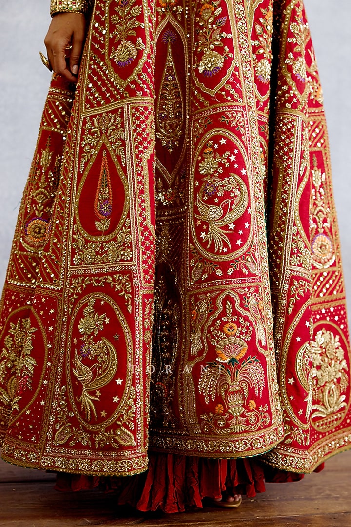 Red Silk & Jeni Silk Embroidered Jacket Party Wear Dress by TORANI at Pernia's Pop Up Shop
