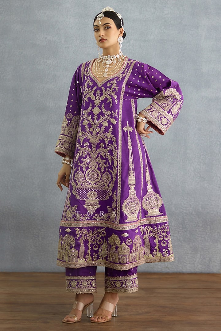 Purple Jeni Silk Sequins Embroidered Kurta Set by TORANI at Pernia's Pop Up Shop