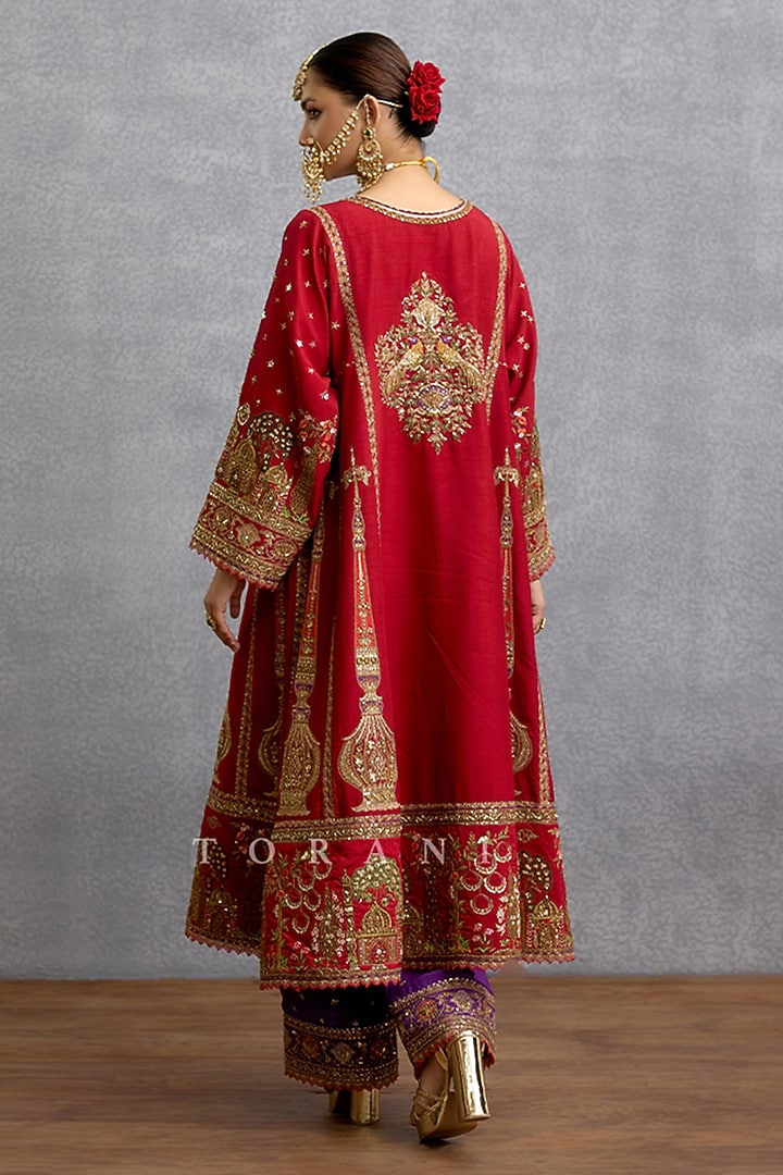 Red Jeni Silk Motif Embroidered Kurta Set by TORANI at Pernia's Pop Up Shop