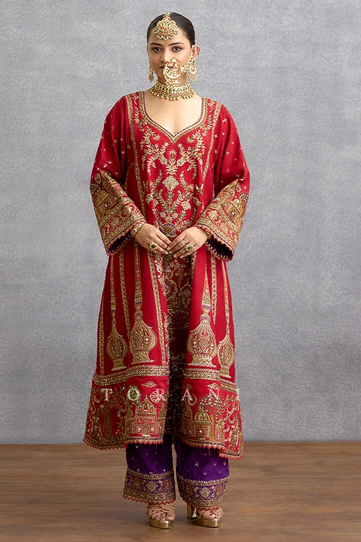 Red Jeni Silk Motif Embroidered Kurta Set by TORANI at Pernia's Pop Up Shop