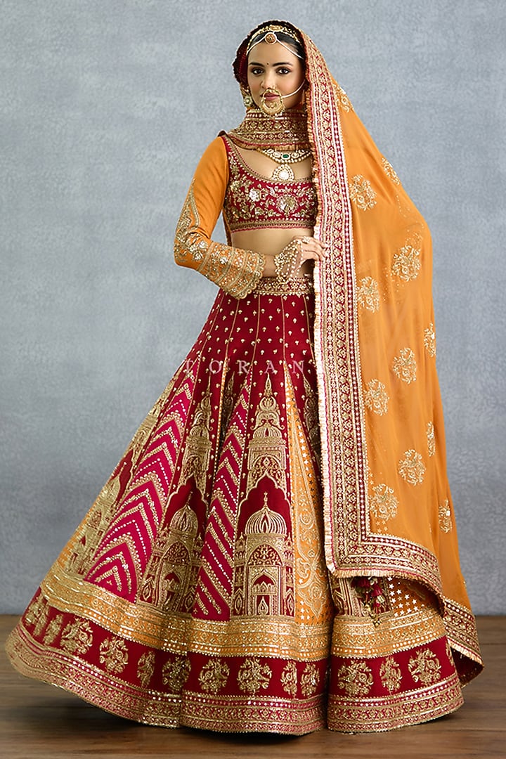 Red Silk Sequins & Badla Embroidered Bridal Bridal Lehenga Set by TORANI at Pernia's Pop Up Shop