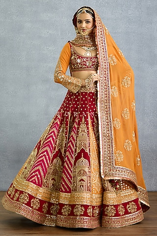 Red Silk Sequins & Badla Embroidered Bridal Lehenga Set by TORANI