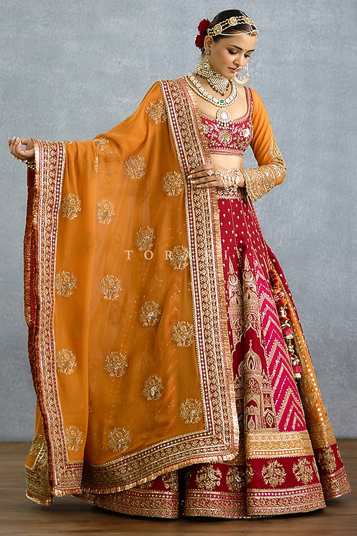 Red Silk Sequins & Badla Embroidered Bridal Bridal Lehenga Set by TORANI at Pernia's Pop Up Shop