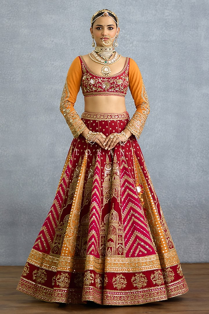 Red Silk Sequins & Badla Embroidered Bridal Bridal Lehenga Set by TORANI at Pernia's Pop Up Shop