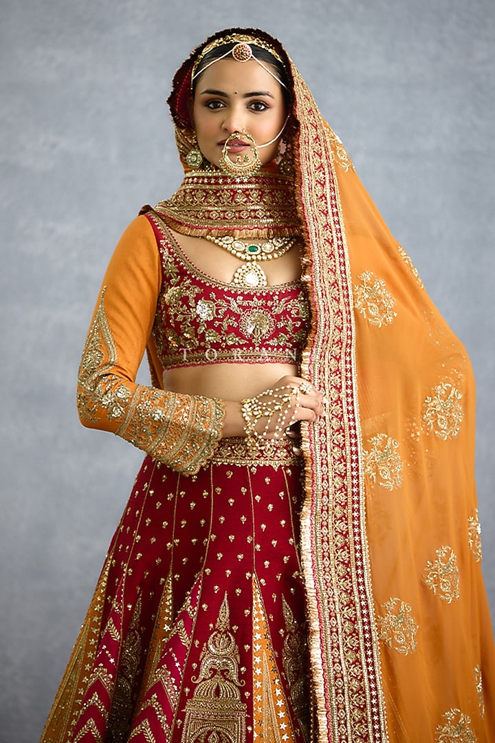 Red Silk Sequins & Badla Embroidered Bridal Bridal Lehenga Set by TORANI at Pernia's Pop Up Shop