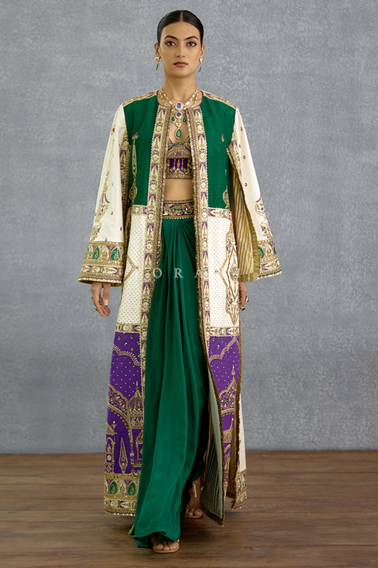 TORANI Multi-Colored Jeni Silk Embroidered Jacket Set