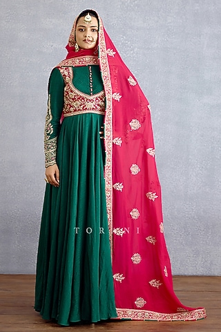 Green Georgette & Silk Anarkali With Dupatta by TORANI