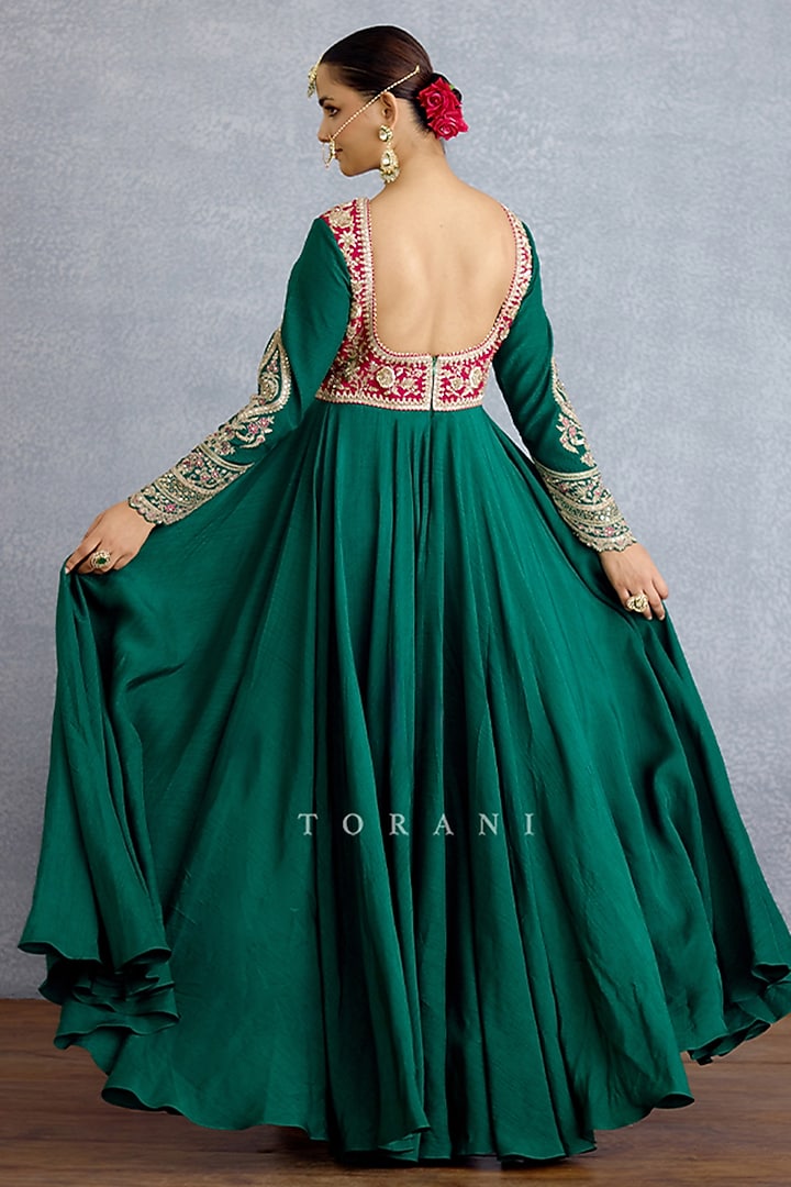 Green Georgette & Silk Bridal Anarkali With Dupatta by TORANI at Pernia's Pop Up Shop