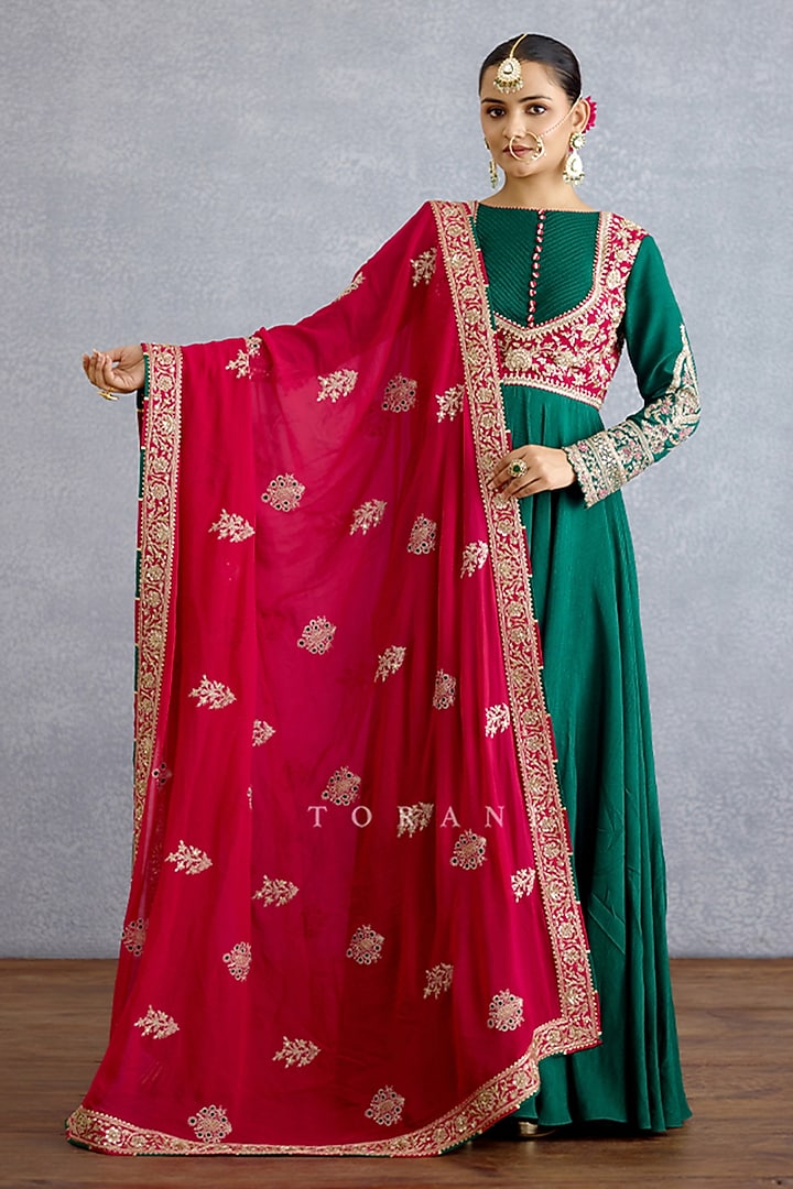 Green Georgette & Silk Bridal Anarkali With Dupatta by TORANI at Pernia's Pop Up Shop