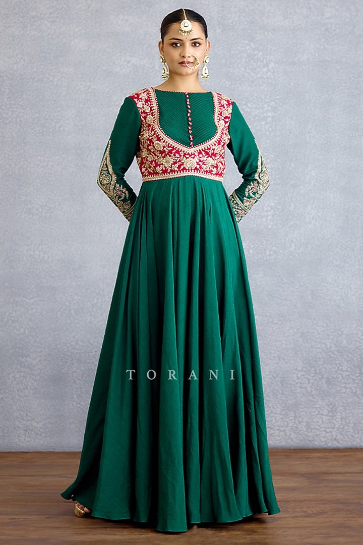 Green Georgette & Silk Bridal Anarkali With Dupatta by TORANI at Pernia's Pop Up Shop