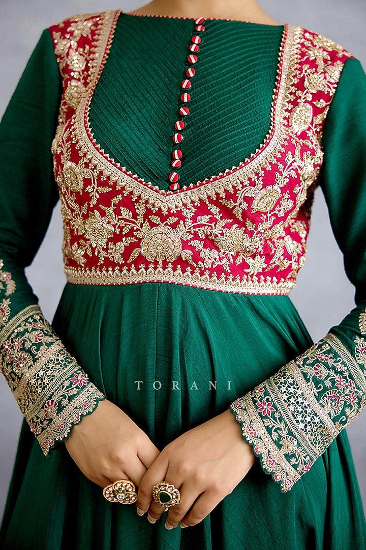Green Georgette & Silk Bridal Anarkali With Dupatta by TORANI at Pernia's Pop Up Shop