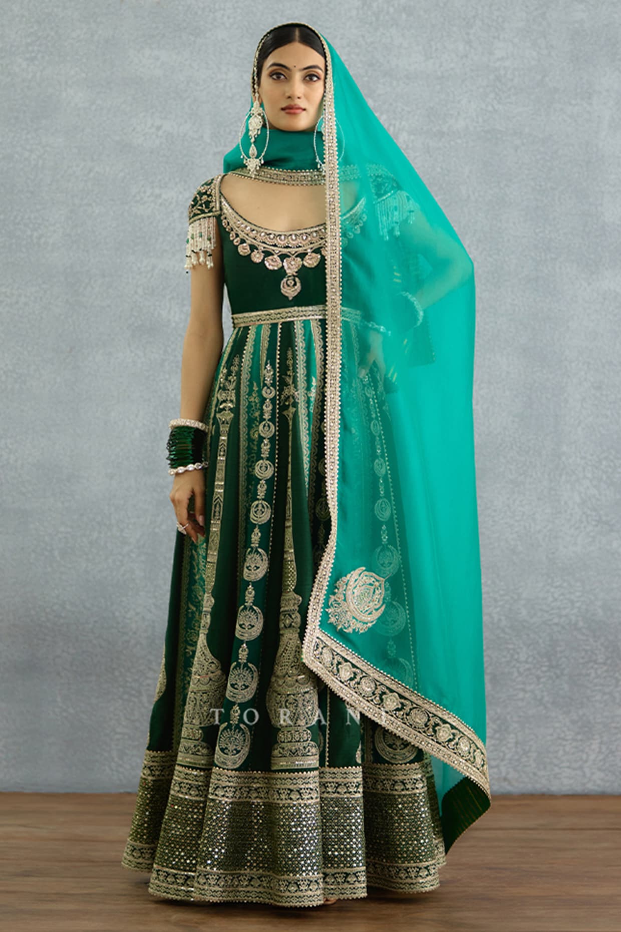 TORANI Green Organza & Silk Anarkali Embroidered Anarkali Set