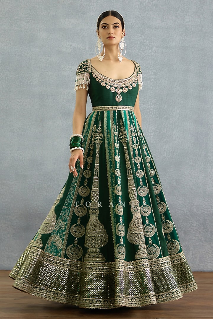 Green Organza & Silk Bridal Anarkali Embroidered Bridal Anarkali Set by TORANI at Pernia's Pop Up Shop