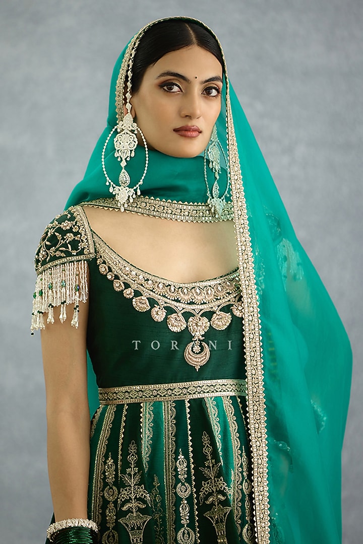 Green Organza & Silk Bridal Anarkali Embroidered Bridal Anarkali Set by TORANI at Pernia's Pop Up Shop