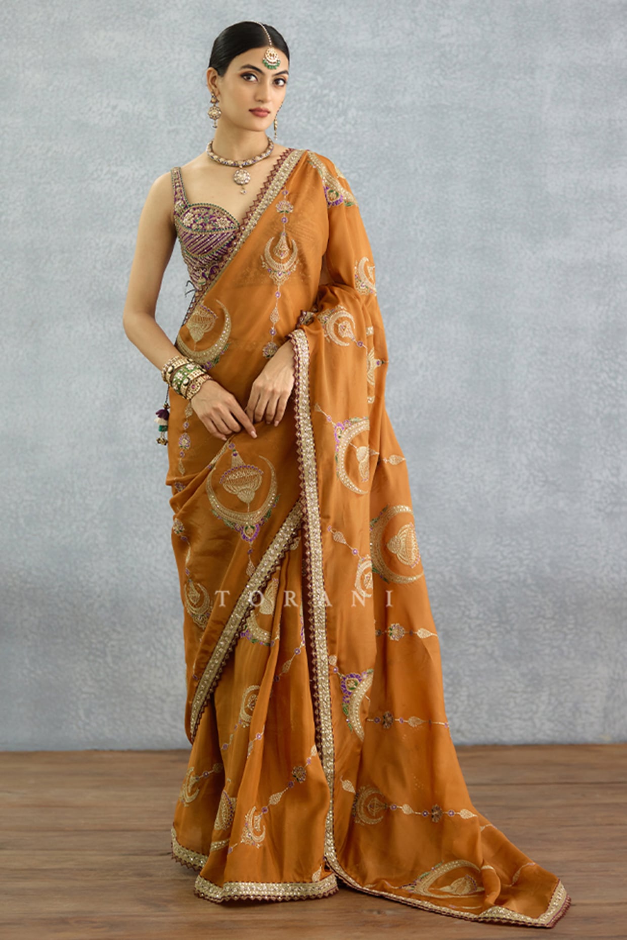 TORANI Ochre Silk Crepe Embroidered Pre-Draped Saree