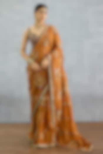 Ochre Silk Crepe Embroidered Pre-Draped Wedding Saree by TORANI at Pernia's Pop Up Shop