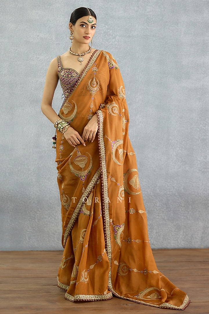 Ochre Silk Crepe Embroidered Pre-Draped Wedding Saree by TORANI at Pernia's Pop Up Shop