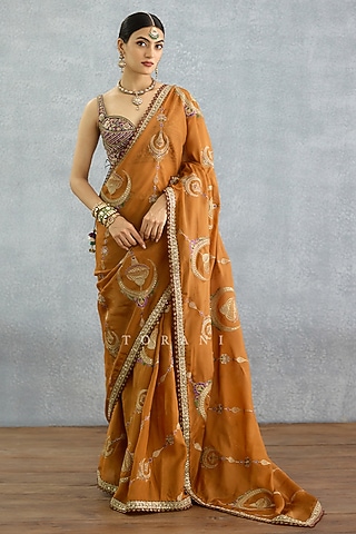 Ochre Silk Crepe Embroidered Pre-Draped Saree by TORANI