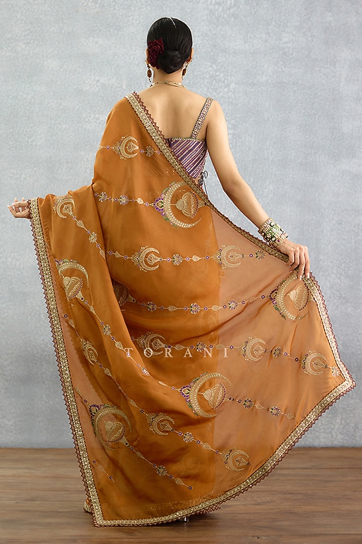 Ochre Silk Crepe Embroidered Pre-Draped Wedding Saree by TORANI at Pernia's Pop Up Shop