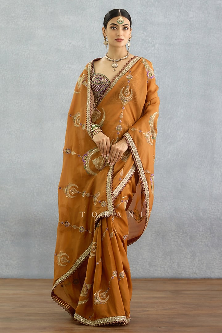 Ochre Silk Crepe Embroidered Pre-Draped Wedding Saree by TORANI at Pernia's Pop Up Shop