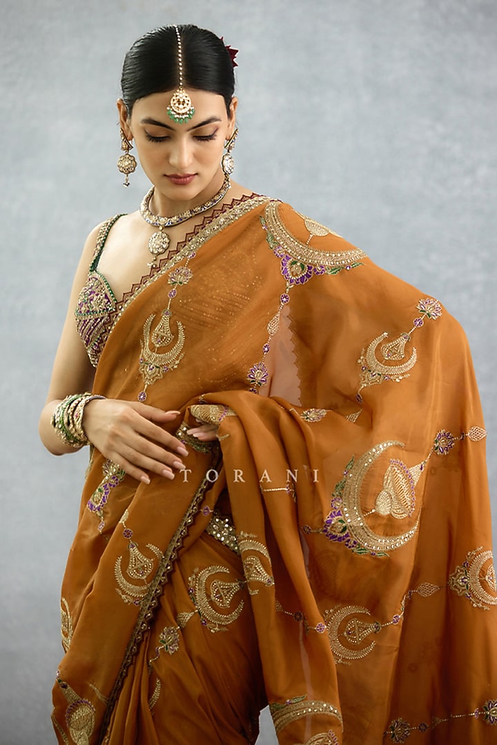 Ochre Silk Crepe Embroidered Pre-Draped Wedding Saree by TORANI at Pernia's Pop Up Shop