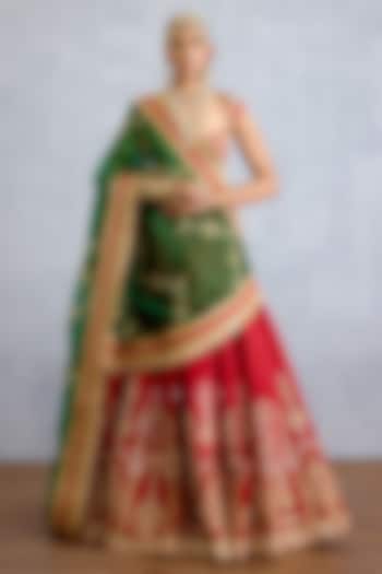 Red Silk & Georgette Embroidered Bridal Lehenga Set by TORANI at Pernia's Pop Up Shop