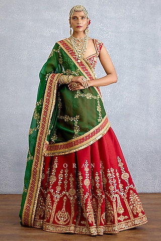 Red Silk & Georgette Embroidered Lehenga Set by TORANI