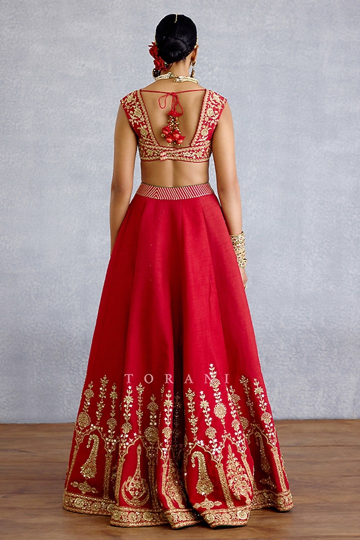 Red Silk & Georgette Embroidered Bridal Lehenga Set by TORANI at Pernia's Pop Up Shop