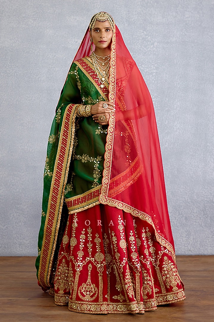 Red Silk & Georgette Embroidered Bridal Lehenga Set by TORANI at Pernia's Pop Up Shop