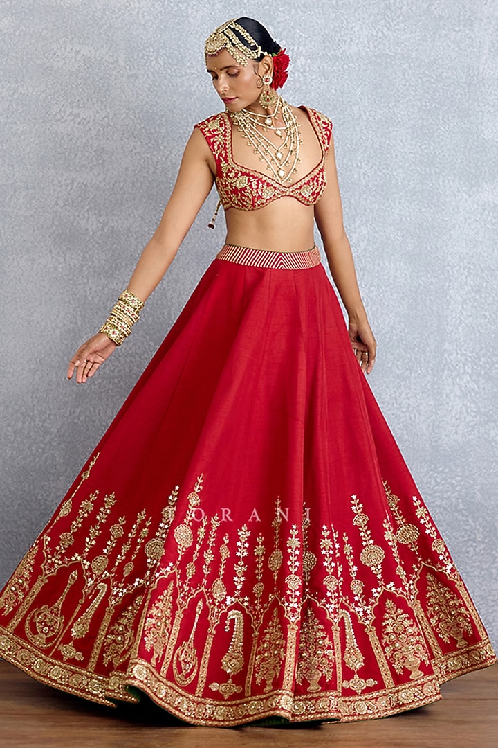 Red Silk & Georgette Embroidered Bridal Lehenga Set by TORANI at Pernia's Pop Up Shop