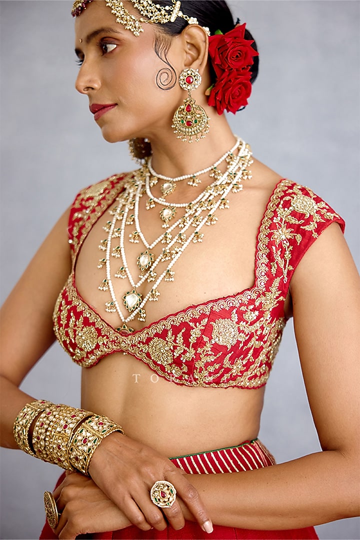 Red Silk & Georgette Embroidered Bridal Lehenga Set by TORANI at Pernia's Pop Up Shop