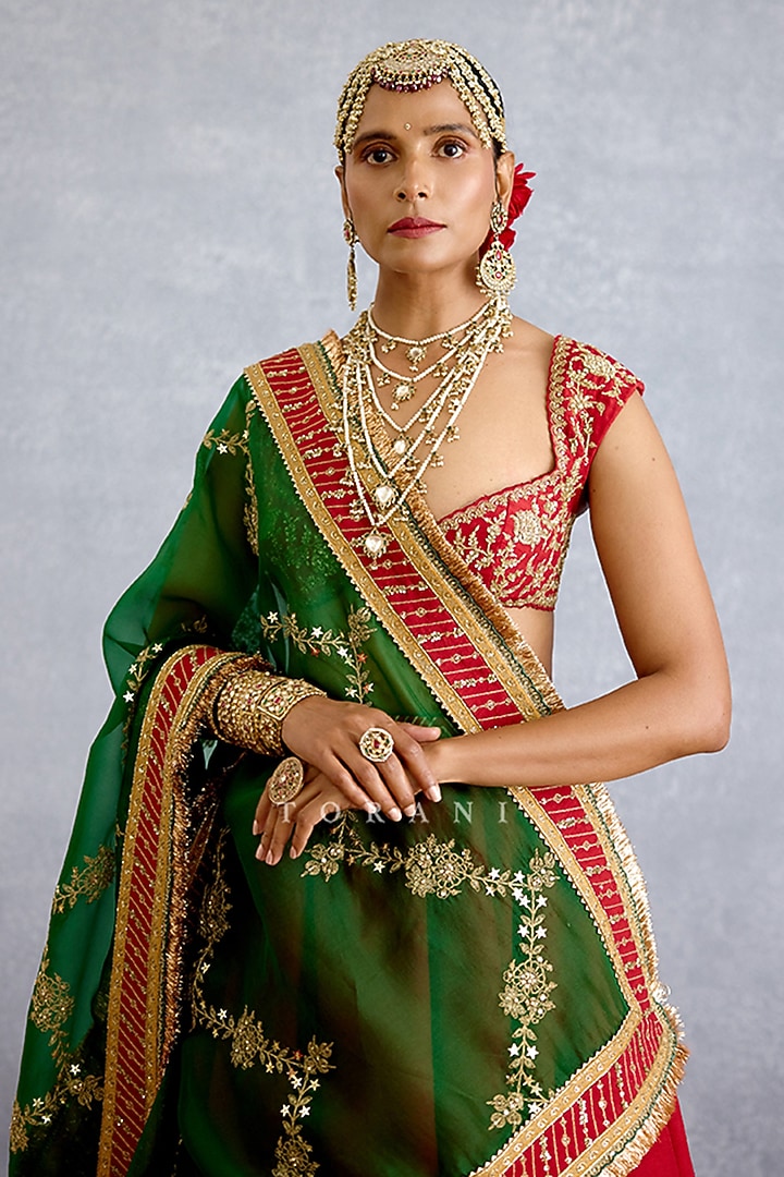 Red Silk & Georgette Embroidered Bridal Lehenga Set by TORANI at Pernia's Pop Up Shop
