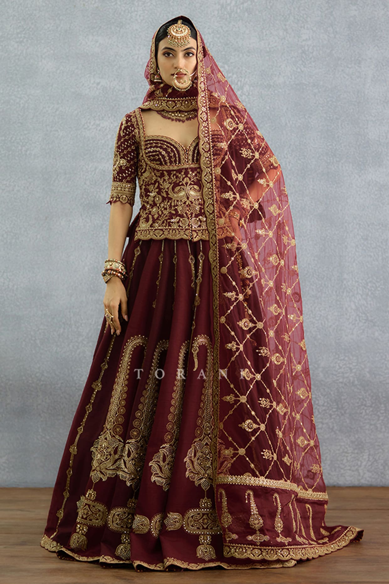 TORANI Maroon Silk & Organza Embroidered Lehenga Set