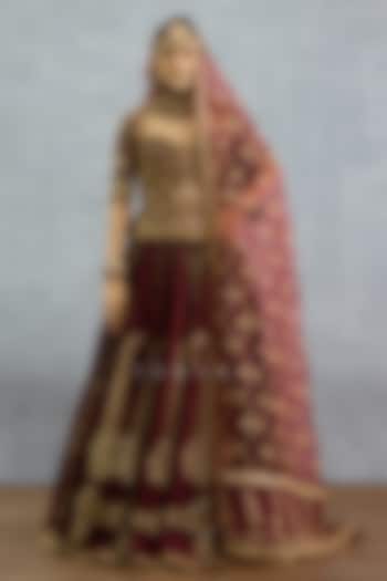 Maroon Silk & Organza Embroidered Bridal Lehenga Set by TORANI at Pernia's Pop Up Shop