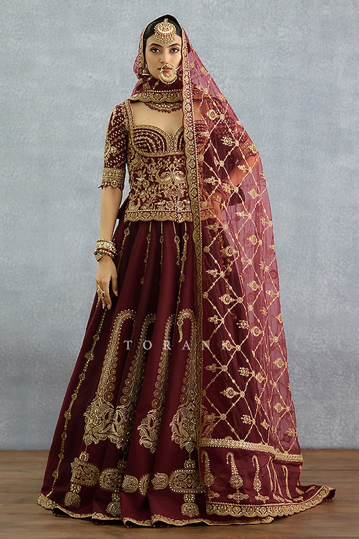 Maroon Silk & Organza Embroidered Bridal Lehenga Set by TORANI at Pernia's Pop Up Shop