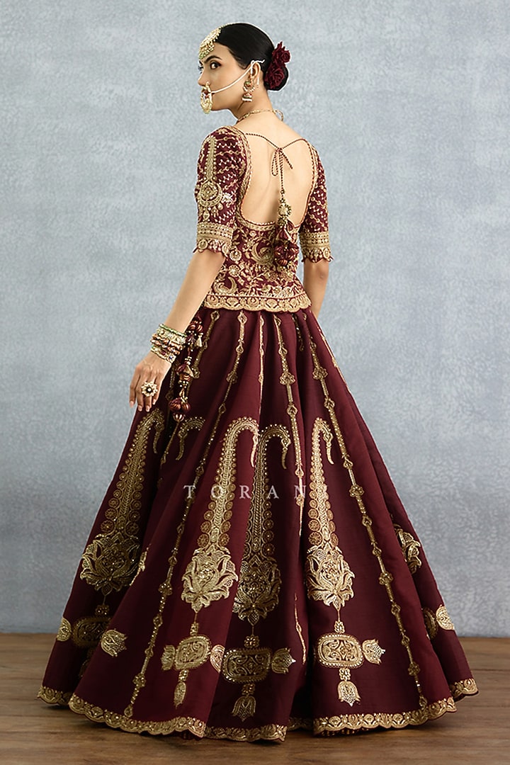 Maroon Silk & Organza Embroidered Bridal Lehenga Set by TORANI at Pernia's Pop Up Shop