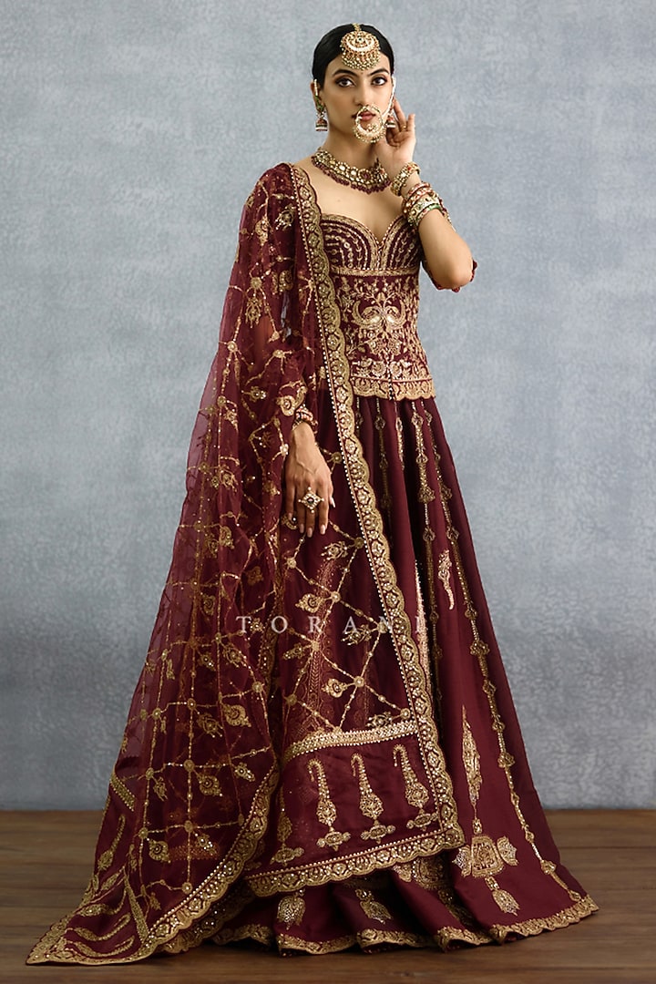 Maroon Silk & Organza Embroidered Bridal Lehenga Set by TORANI at Pernia's Pop Up Shop