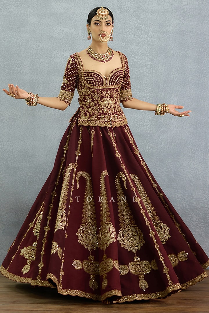 Maroon Silk & Organza Embroidered Bridal Lehenga Set by TORANI at Pernia's Pop Up Shop
